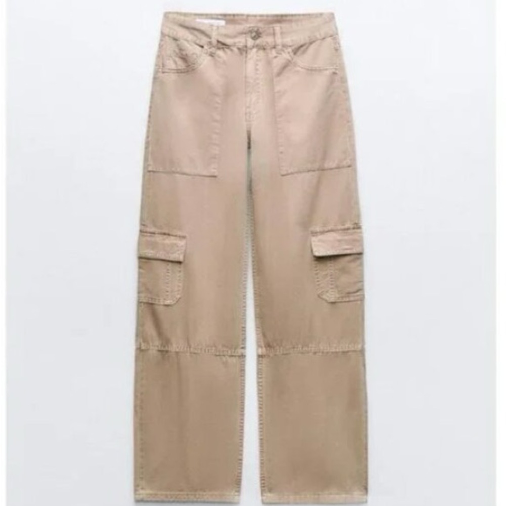 Zara Mid Rise Cargo khaki tan Adjustable Pants
